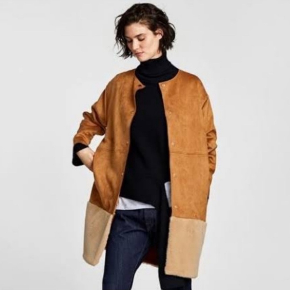 Women's Zara Faux Suede Tan and Cream Sherpa Coat
